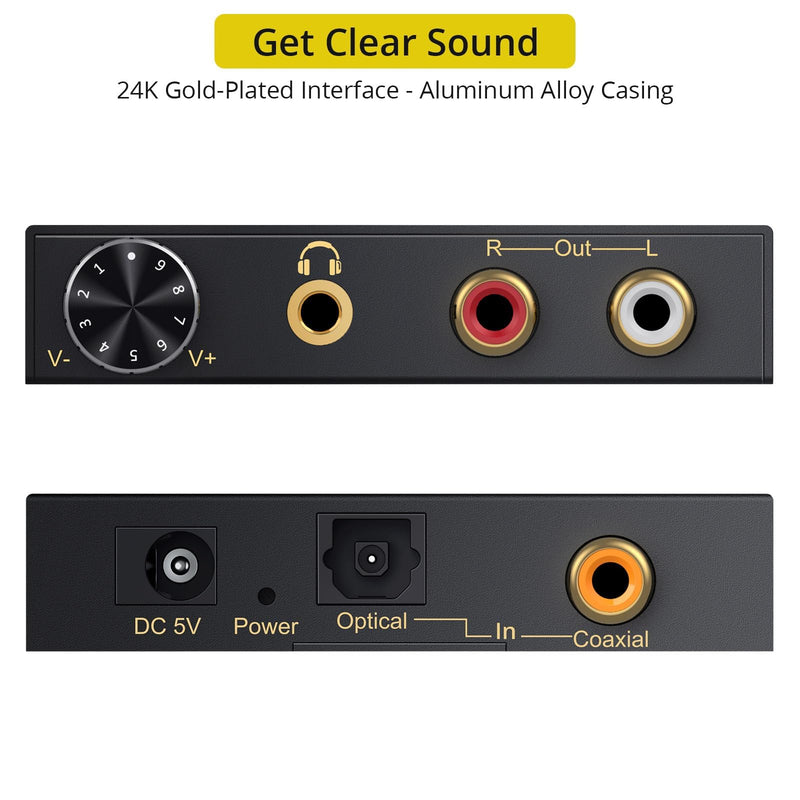 PROZOR 192kHz Digital to Analog Audio Converter Support Dolby AC-3 DTS 5.1CH with Volume Adjustable, Optical to RCA DAC Decoder, Digital DAC Converter SPDIF TOSLINK to Stereo L/R & 3.5mm Jack small DAC Support Dolby AC-3 DTS 5.1CH