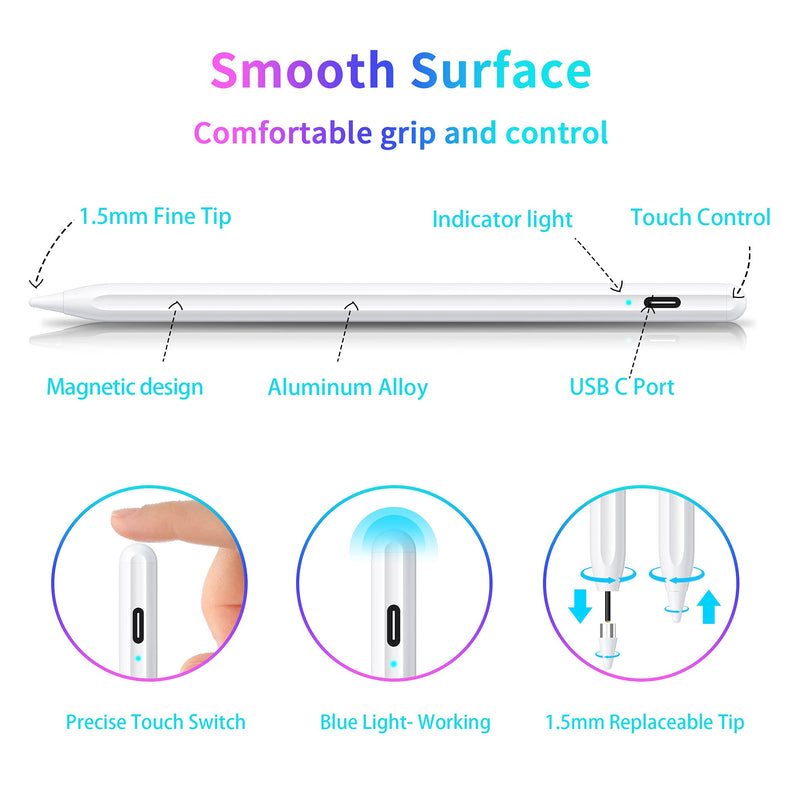 Stylus Pen, Active Stylus Pen Compatible for iOS and Android Touchscreens/Phones, Rechargeable Stylus Pen with Dual Touch Screen , Stylus Pencil for Apple/Android/Samsung Tablet, 16.5CM,White White