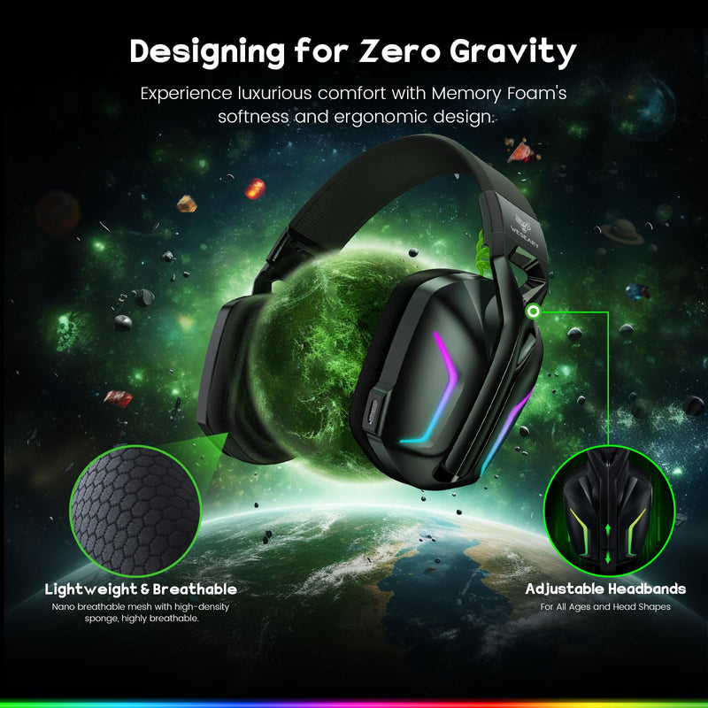 7.1 Wireless Gaming Headset with Microphone for PS4, PS5, PC, Switch, Mac, 2.4GHz Bluetooth Gaming Headphones with Crystal-Clear Mic, 50Hr Battery, Cool RGB Black Standard-Wireless