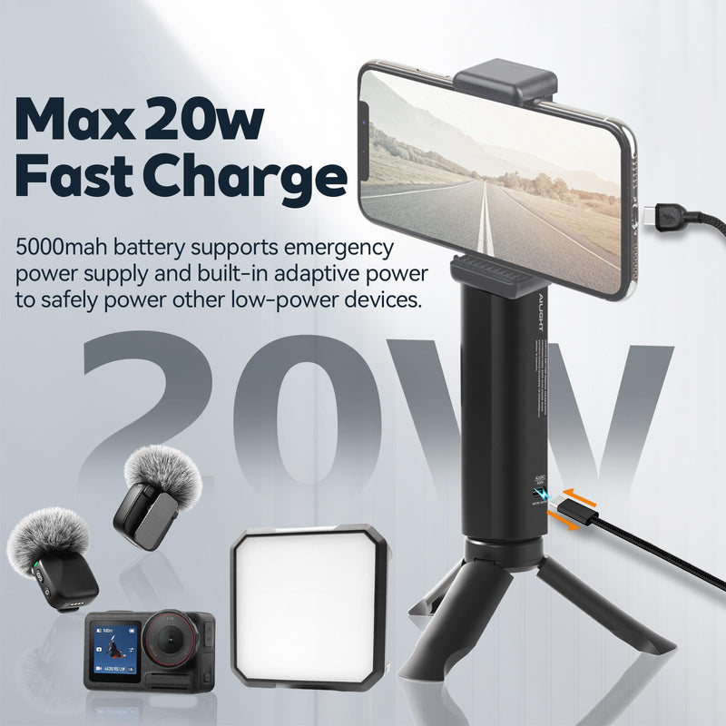 Ailight Battery Handle Grip, 5000mAh Extended Power with 20W PD Charging, 1/4" Screw Battery Mount for GoPro Hero 13/12/11/10-5 | Insta360 X5/X4 | DJI Action 6/5 Pro/4 | Canon/Sony DSLR Camera - Black