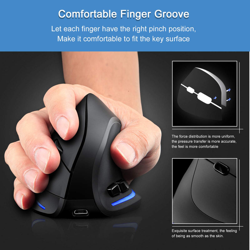 TRELC Ergonomic Mouse, 2.4G Wireless Vertical Optical Mouse with Adjustable Sensitivity (1000/1600/2400 DPI), 6 Buttons for PC, Desktop, Laptop, Notebook (Black) 2.4GHz