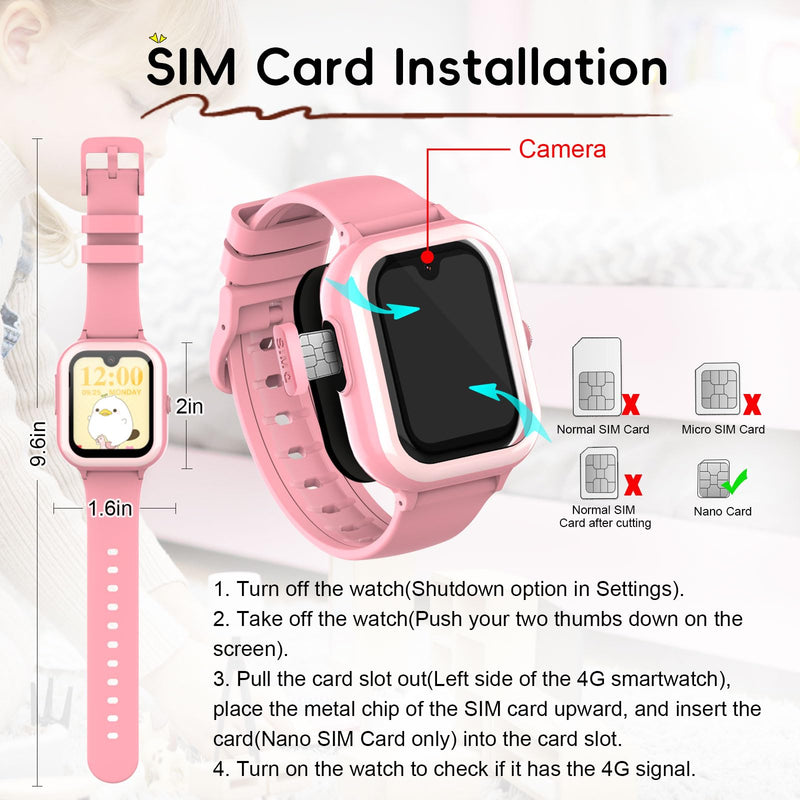 Wonlex 4G GPS Kids Smartwatch with SIM Card, 1.78" AMOLED Large Touch Screen Smart Watch for Kids, Boys Girls Phone Watch with Video Voice Calls, SOS, Camera, Pedometer, Alarm, Game(Pink) Pink
