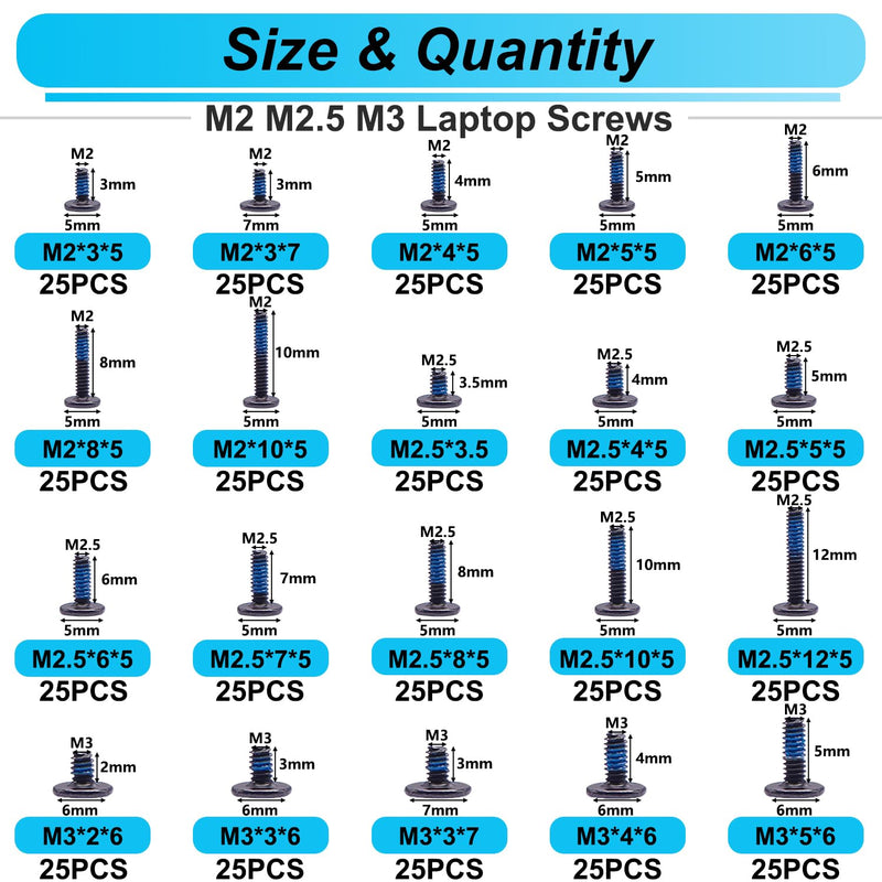 500PCS Laptop Screws Notebook Computer Screws Kit 20 Sizes Blue Nylok Screws M2 M2.5 M3 Laptop Replacement Computer Screws for Motherboard SSD PC Fan Hard Drive Black-500Pcs