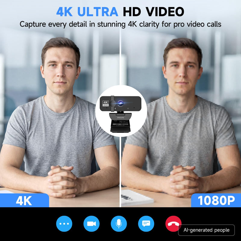 PHILIPS 4K Webcam for PC with Microphone, Computer Camera for Meetings | Plug & Play USB Web cam with Privacy Cover, for Laptop, Desktop, Zoom, Teams, Skype, Video Conferencing, Streaming, Black