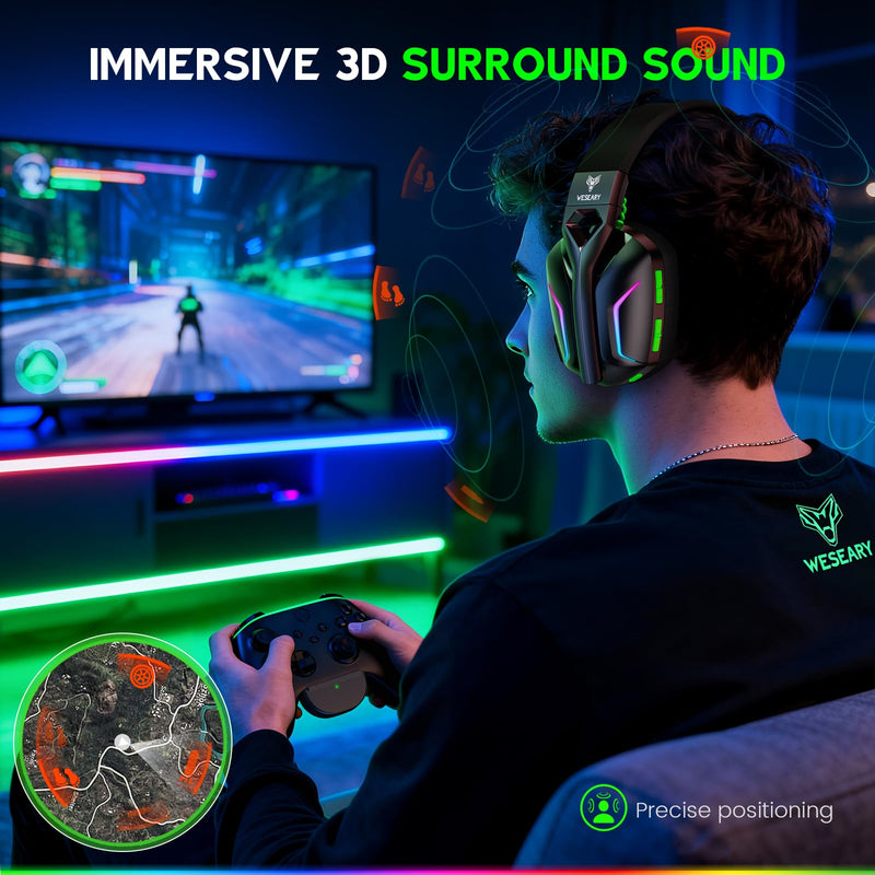 WESEARY Wireless Gaming Headset for Xbox Series X|S, 2.4GHz Ultra-Low Latency Headset with Noise Cancelling Mic for PC, PS5, PS4, Switch, Mac, 3D Surround Sound, Bluetooth 5.4, 50H Battery Raven Black