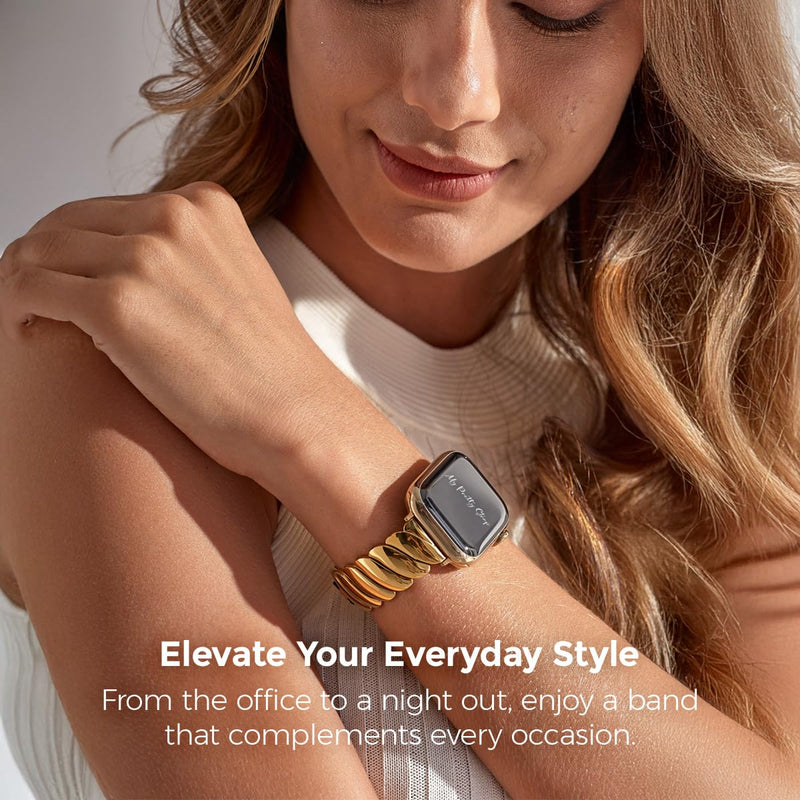 Compatible Apple Watch Band for Women, Stainless Steel- Fits Most Wrists | Series 1-11, SE and Ultra- iWatch Replacement Strap, Easy Resizing- No Tool Needed- Metal Fashion Watch Band Ripple Gold 38MM / 40MM/ 41MM / (Series 10& 11 - 42 MM)