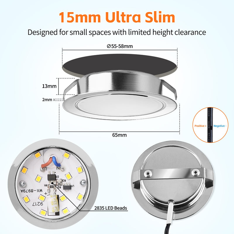 YindaLux Recessed Spotlight LED 12 V 4000 K Neutral White LED Spot Dimmable 3 W Recessed Spotlights 55-58 mm Hole Size Recessed Lights for Caravans Kitchen Wardrobe Aluminium Chrome Set of 3 4000K 3 Stück