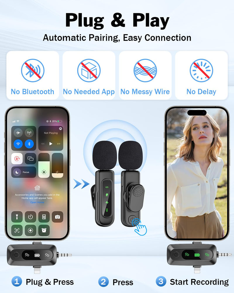 PoP voice 3in1 Wireless Lavalier Microphone for iPhone/Android/Camera/iPad, mini Microphone with Magnetic Collar Clip, Mini Lapel Lav Mic with Noise Reduction for Vlog YouTube TikTok Interview
