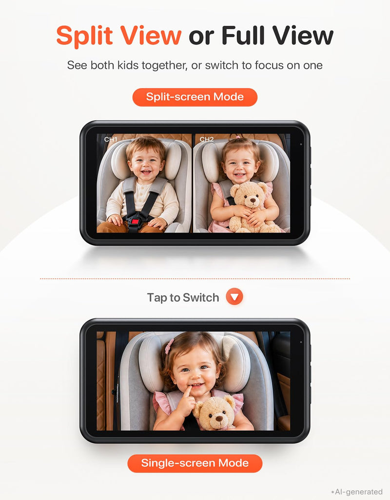 LUCKVIEW BM2PRO Dual Car Camera Baby Monitor for 2 Kids | 5.2'' 1080P HD, Split Screen & Full View, Auto Night Vision, Easy 3-Step Setup for Rear-Facing Infants & Toddlers Orange