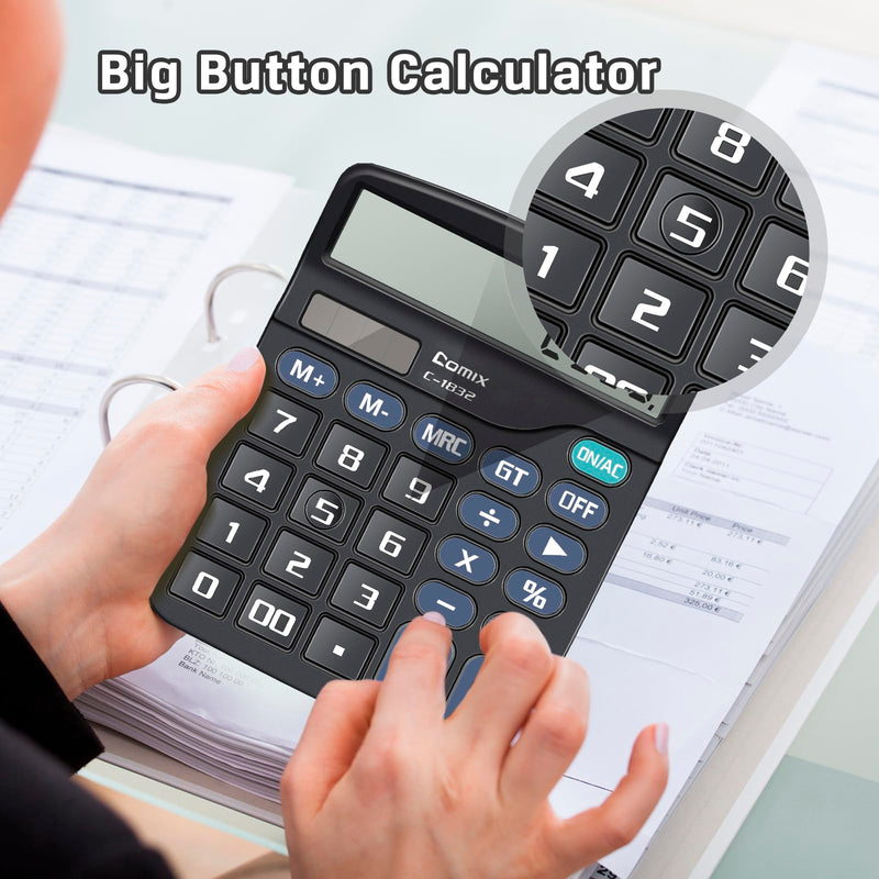 Comix Desktop Calculator 12 Digit with Large LCD Display and Big Button, 12 Digits Baisc Calculator, Solar Battery Dual Powered, for Office Home School C-1832 (Black) Black