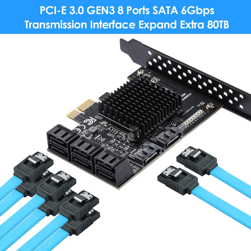 SATA 3.0 Controller Expansion Card, 8-Port PCIE SATA Card, PCI-E X1 3.0 Gen3 (6Gbps) Controller Card for Windows 10/8/Ubuntu (ASM1064 + JMB575)
