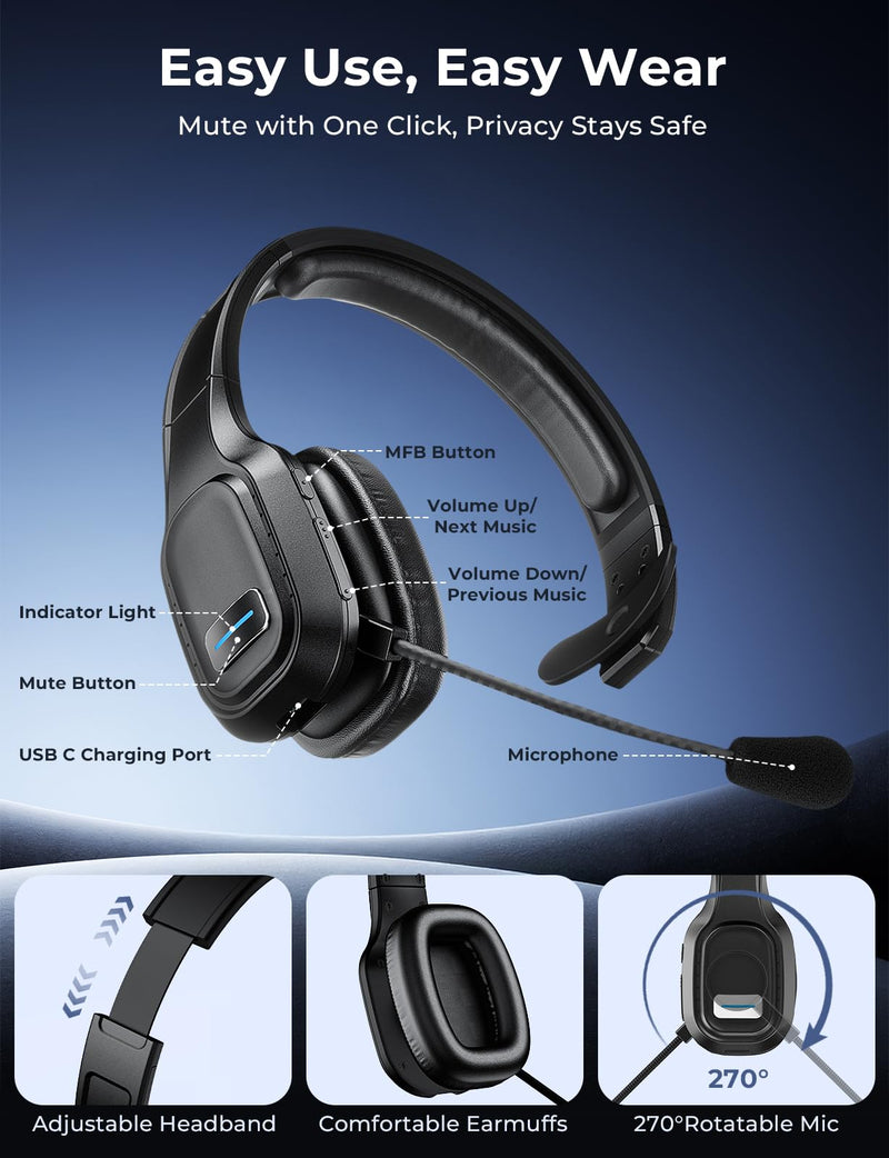 [AUSTRALIA] - Bluetooth Headset, 60Hrs Working Time with Noise Canceling, Trucker Wireless Headset with Mic & Mute, Voice Control, Bluetooth Headphones Multipoint for Truck Driver, Office, CallCenter, Phone/PC Black 