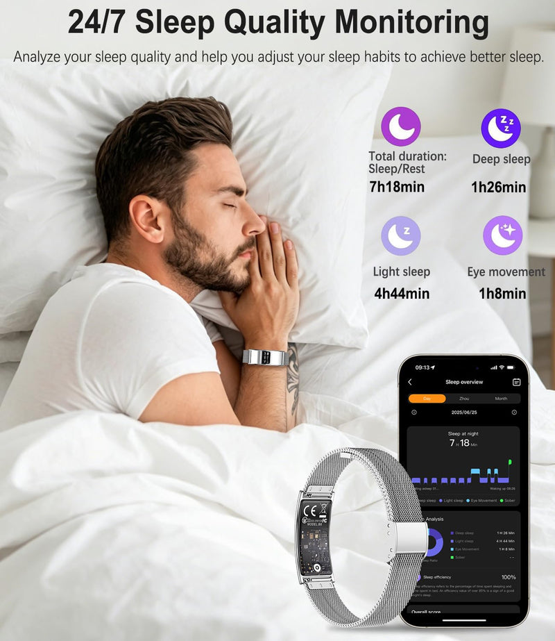 Smart Bracelet for Men & Women, Ultra-Thin Fitness Tracker | Heart Rate, Blood Oxygen & Sleep Monitoring, IPX8 Waterproof, Multiple Sports Modes, Compatible with Android and iOS Silver mesh tape