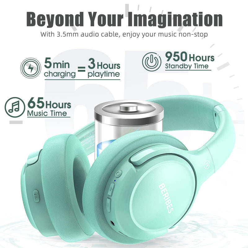 Bluetooth Wireless Headphones Over Ear,BERIBES 65H Playtime and 6 EQ Music Modes with Microphone,HiFi Stereo Foldable Lightweight Headset, Deep Bass for Home Office Cellphone PC Etc.(Green) Green