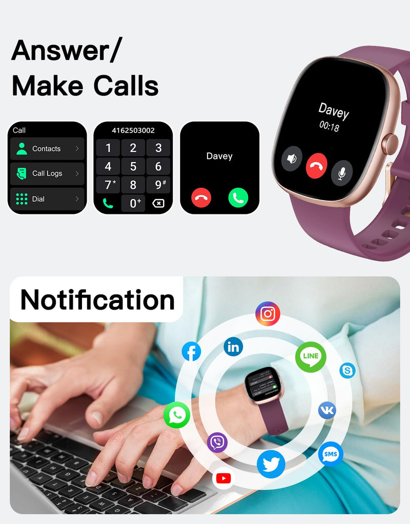Fitness Tracker with Call Function, 1.85” Fitness Watch for Women and Men, 24/7 Heart Rate & Blood Oxygen Monitor, Sleep Tracker, 100+ Sport Modes, IP68 Waterproof (Purple)