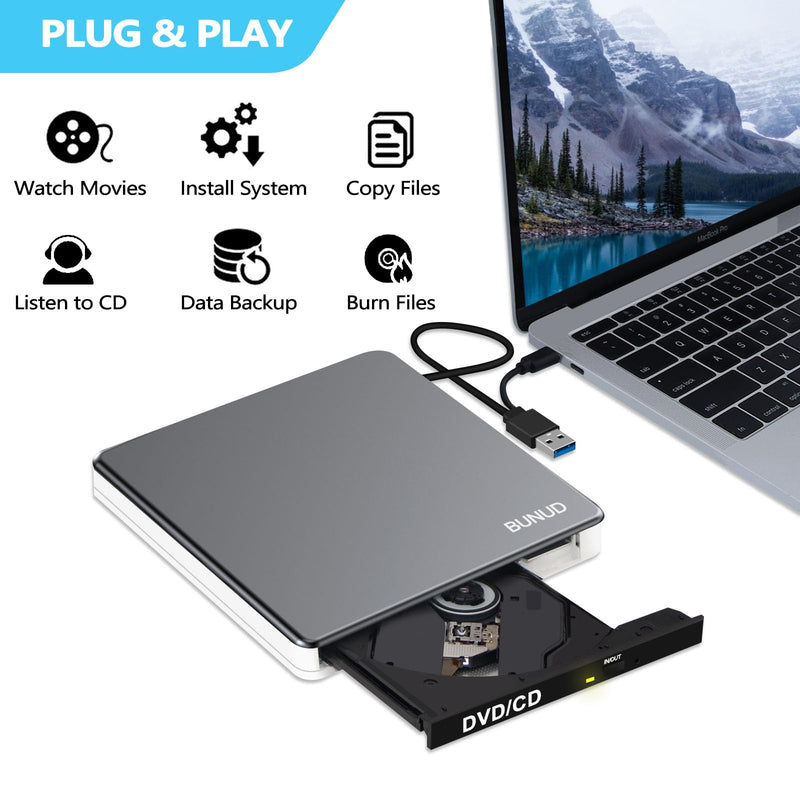 BUNUD External DVD Drive for Mac, Plug & Play with Reliable USB/SD/TF Ports | USB 3.0 & USB C DVD Player for Laptop PC, Portable CD Burner Reader SuperDrive for MacBook Windows, Aluminum Alloy, Grey
