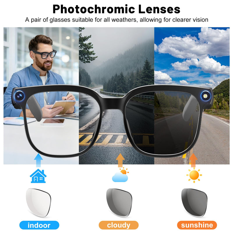 AI Glasses with Camera and Transition Lenses - Support 140+ Languages Translation, 1080P Hands-Free Video Recording Vlogging IP65 Waterproof Smart Glasses with Camera for Men and Women Brown