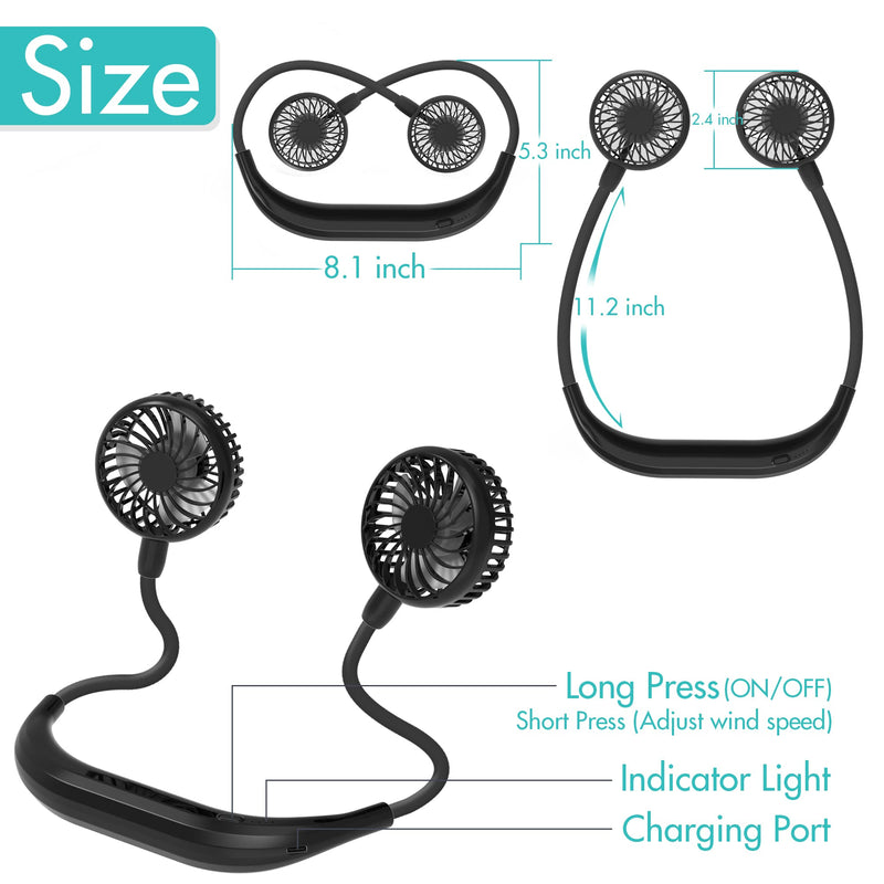 Portable Neck Fan, 2600mAh Battery Operated Ultra Quiet Hands Free USB Fan with Strong Wind, 360° Adjustable High Flexibility Wearable Personal Fan for Home Office Outdoor Travel (Dark Blue) Black
