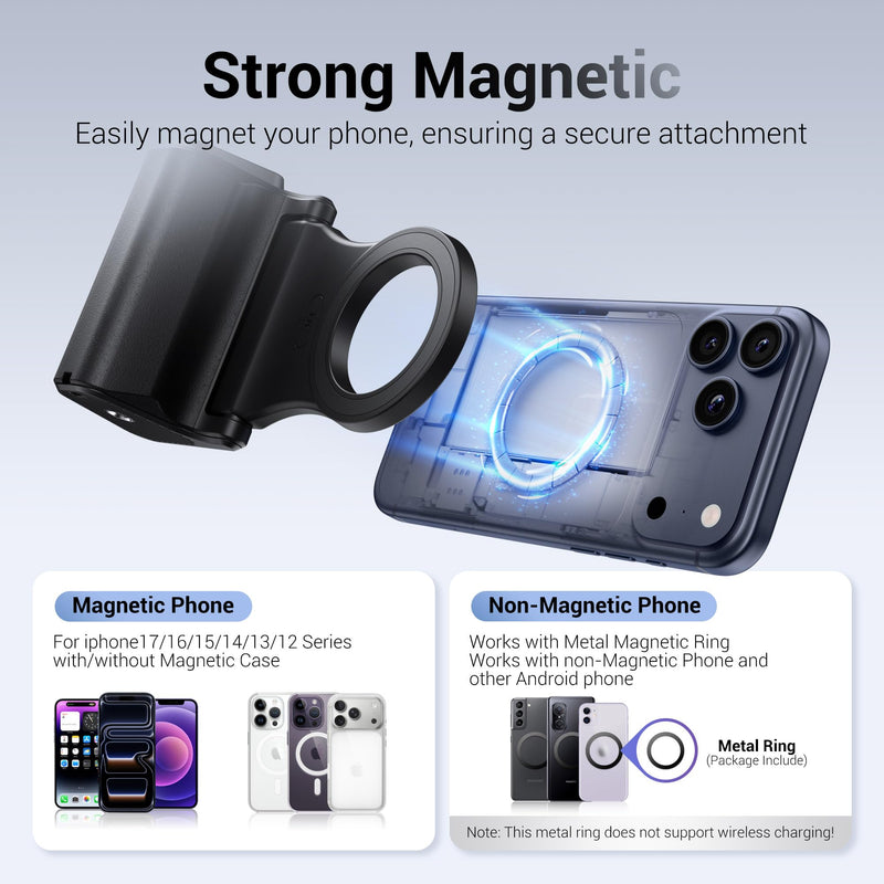 [AUSTRALIA] - JJC Upgraded Magnetic Phone Camera Grip with Remote, Cell Phone Camera Grip Handle Compatible with MagSafe iPhone Android Phones, with 1/4" Tripod Screw for Vlogging Video Recording Selfie 