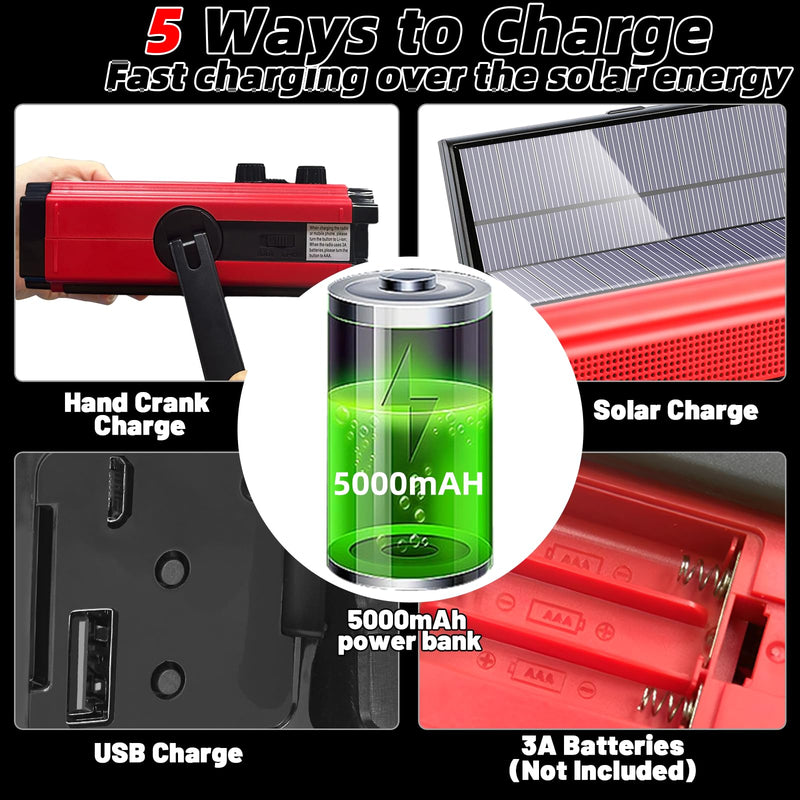 [AUSTRALIA] - Emergency Crank Weather AM/FM Radio with 2 Solar Panels Weather Radio Portable Radio, 5 Charging Modes SOS Siren 3 ModesFlashlightCell Phone ChargerReading Light (Red) Red 