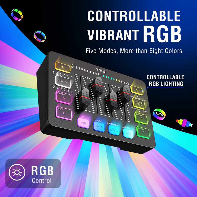 [AUSTRALIA] - FIFINE Gaming Audio Mixer, Streaming RGB PC Mixer with XLR Microphone Interface, Individual Control, Volume Fader, Mute Button, 48V Phantom Power, for Podcast/Recording/Vocal/Game Voice-AmpliGame SC3 Black 