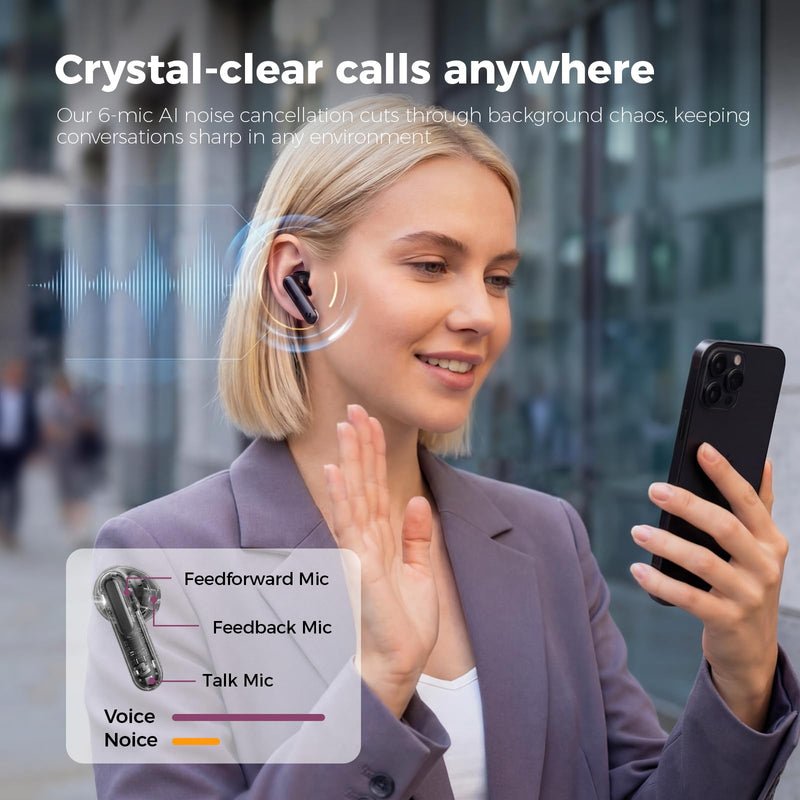 havit Space T1 Wireless Earbuds, Adaptive Hybrid Active Noise Cancelling Bluetooth Earbuds, 6-Mic AI ENC, Head-Tracked Spatial Audio, 40.5H Playtime, Semi-in-Ear Fit, Bluetooth 6.0, IP54, Black