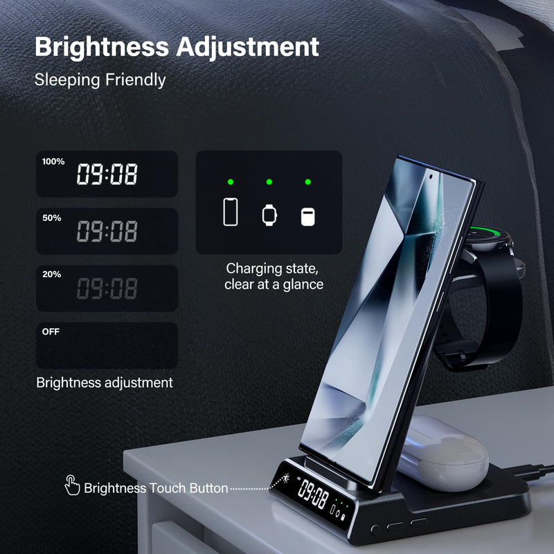 Wireless Charger for Samsung, 3 in 1 Wireless Charging Station for Samsung Galaxy S24 Ultra/S23 Ultra/S22/S21/Note 20/Z Flip 5/Fold 5, Charger for Samsung Galaxy Watch 6/5/4, Galaxy Buds 2/Pro/+ Black