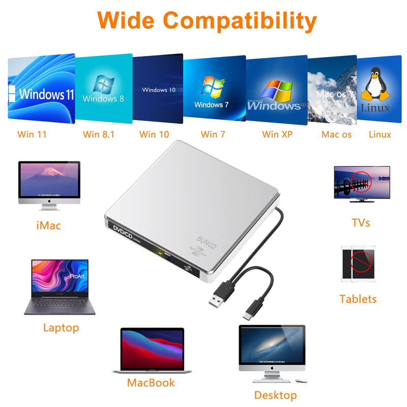 External CD DVD Drive LightScribe CD/DVD +/-RW Burner Player Writer Optical Disk Reader Portable CD DVD Drive for Laptop Mac MacBook PC Windows 11 10 Linux OS Silver