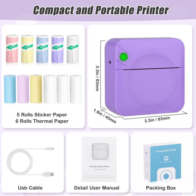 Mini Sticker Printer,Mini Pocket Thermal Printer with 11 Rolls Paper,Bluetooth Inkless Printer Compatible with Android & iOS,Portable Receipt Printer for Photo,Journal,Memo,Travel,Purple Purple