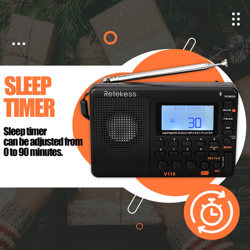 Retekess V115 Shortwave Radio, Digital Radio AM FM, Shortwave Receiver with 1000mAh Rechargeable Battery, Presets, TF/AUX Playback and Recording, Bass Speaker, for Camping AM FM SW