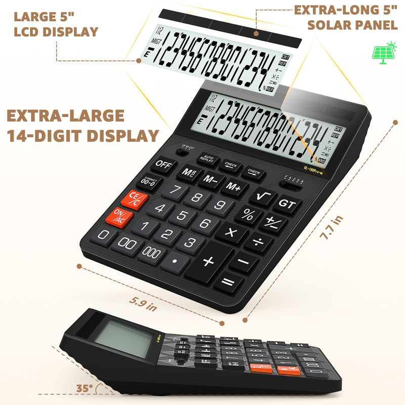 Calculators Desktop, 2026 Upgrade 14 Digit Large Size Calculator with 5-Inch LCD Display and Solar Power, Office Calculator for Desk (Black) Midnight Black