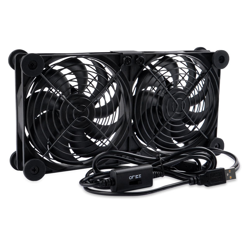 Quiet Dual 120mm Router Fan Cooler with L/M/H 3-Degree Speed Controller, DC 5V USB Powered Cooling Case Fan for Router Modem Receiver DVR PlayStation TV Box