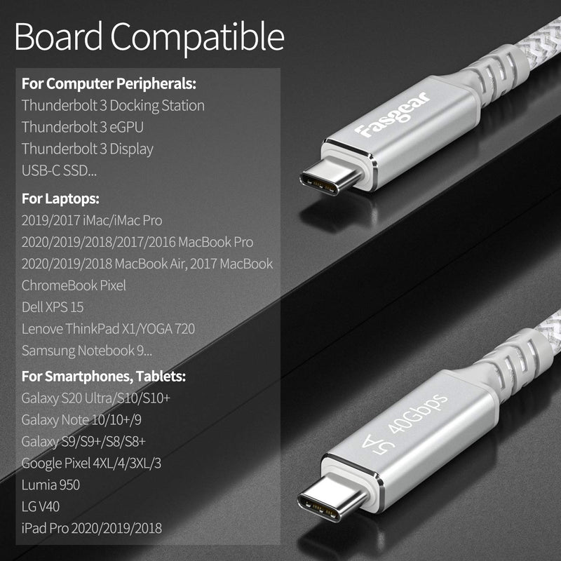 Fasgear Thunderbolt 3 Cable 6.5 FT, 40Gbps/ 100W (5A) Charging/ 5K@60Hz USB-C Nylon Braided Cord Compatible for Mac Books,iPad Pro,Pixel,eGPU,External SSD,Moniter,Docking Station,Hub (Grey) Grey 6.5ft (2m)