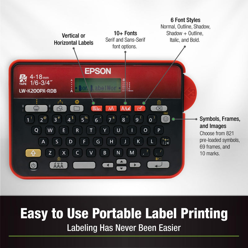 [AUSTRALIA] - LABELWORKS Epson LW-K200PX-RDB Portable QWERTY Keyboard Label Maker for Home & Hobbies – Craft, Organize, and Personalize - Red Black Printer 