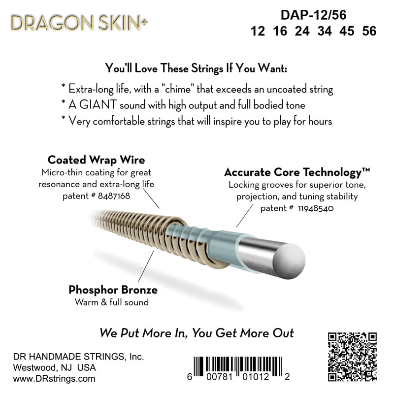 [AUSTRALIA] - DR Strings - Dragon Skin+ - Acoustic Guitar Strings 6-String Set - Bluegrass 12-56 - Phosphor Bronze - Acoustic Guitar Accessories (DAP-12/56) DAP-12/56 Bluegrass 12-56 