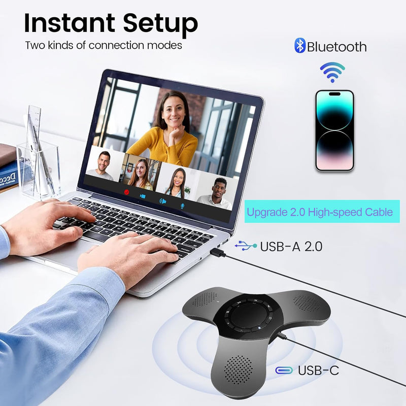 Bluetooth Conference Speaker with Microphone & Premium 360° Voice Pickup，USB-C Speakerphone Home Office for Teams/Zoom,Noise Cancelling Omnidirectional Conference Room Microphone and Speaker Black