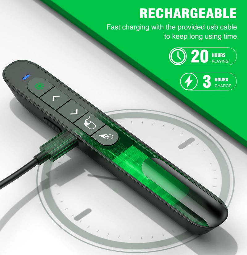 Green Light Wireless Presentation Clicker with Air Mouse, 2.4GHz Rechargeable USB-A/USB-C PowerPoint Clicker Slide Advancer, Presenter for PC, Mac, Computer Green L+Rechargeable+Mouse