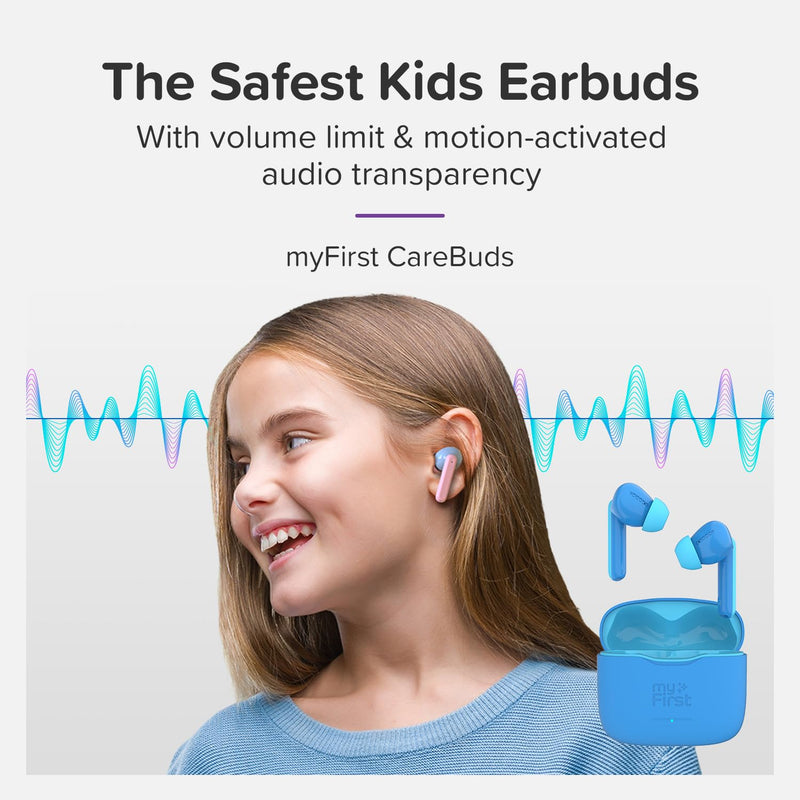 myFirst Carebuds Kids Earbuds 85dB Volume Limit for Small Ears | Anit-lost strap, 6 size ear tips, built-in mic, school travel airplane, for kids ages 3-12, boys and girls, birthday gift Blue
