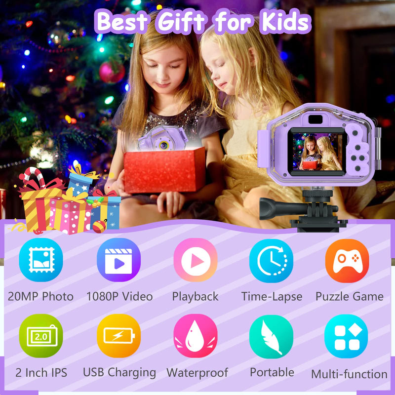 Kids Waterproof Camera, Christmas Birthday Gifts for Boys Girls Toys 3-12 Year Old, Underwater Mini Children HD Digital Action Camcorder, 2 Inch IPS Screen with 32GB Card (Lavender) Lavender