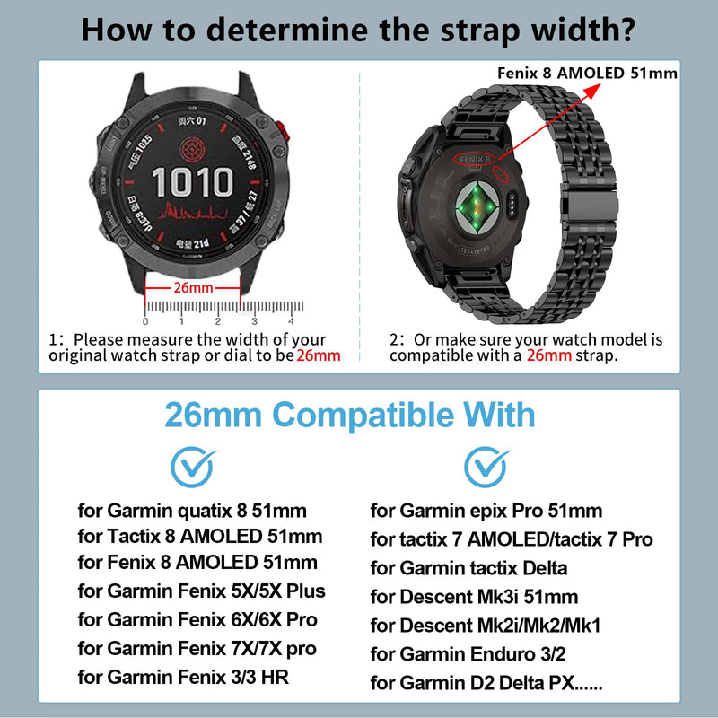 ZPJPPLX 26mm Quick fit Watch Band Compatible with Garmin Fenix 8/tactix 8 AMOLED 51mm/Fenix 7X pro/7X/6X Pro/6X/5X Plus/5X/3 HR/3, for quatix 8/epix Pro 51mm/Enduro 3 2/tactix 7 Pro