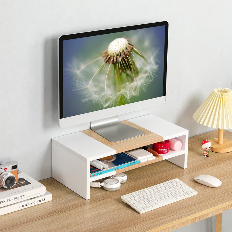 TEAMIX 3 Tiers 20 Inch Desktop Monitor Stand Riser Printer Stand for Desk Organizer (White+Maple)