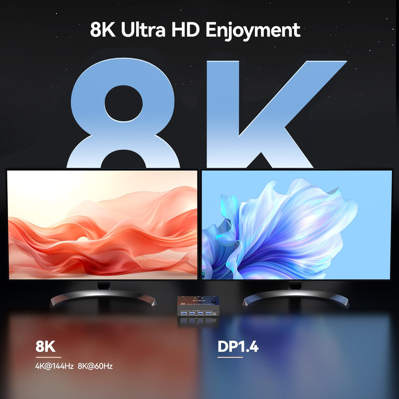 8K Displayport KVM Switch 2 Monitors 2 Computers 8K@30Hz 4K@144Hz,MLEEDA Dual Monitor KVM Switches with 4 USB 3.0 Ports for Keyboard Mouse USB Peripherals,Wired Remote and 2 USB Cables Included black 11 cm DP 2 PC 2 Monitor