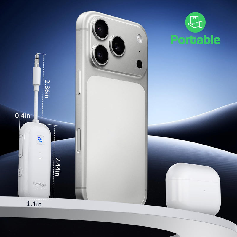 2025 Upgraded Airplane Bluetooth 5.4 Transmitter with aptX Adaptive, ElecMoga Airplane Travel Essentials Supports 2 AirPods or Headphones, 2-in-1 AUX Wireless Transmitter Receiver for TV, Car, White Pure White