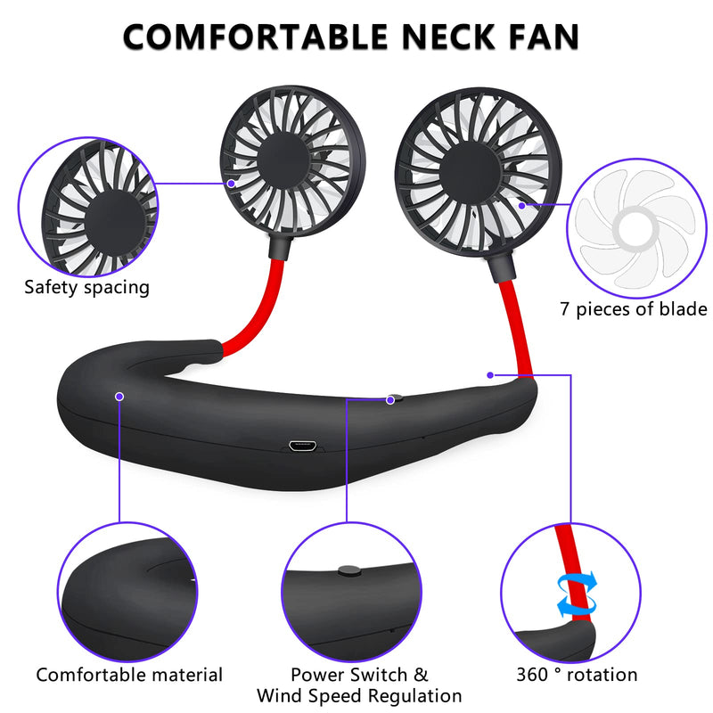 Neck Fan Portable Personal Hand Free Mini Lazy person USB Neck Fan 360 Degree Rotation Cooling Handheld Wearable Suitable Fan for Office Household Travel Room Outdoor Sports (Black) Black