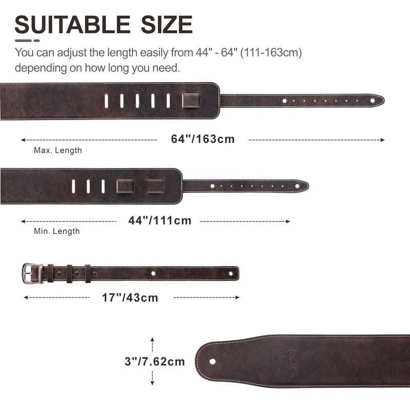 Nefelibata 3" Wide Extended Guitar Strap, Full Grain Cowhide Leather with Foam Padding and Detachable Extension Strap for Heavy Duty Guitars like Bass and Electric Guitar Brown