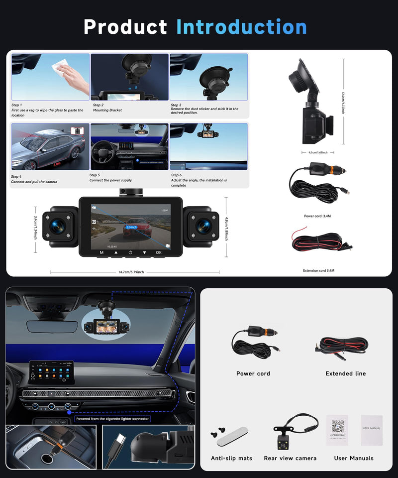 4 Channel 360° Dash Camera Front and Rear Inside Left Right, 3 Inch Dash Cam Support WiFi, Built-in Night Vision Sensitive Motion Detection 24/7 Recording Parking Mode Monitor Reversing Help 3 Inch with WiFi