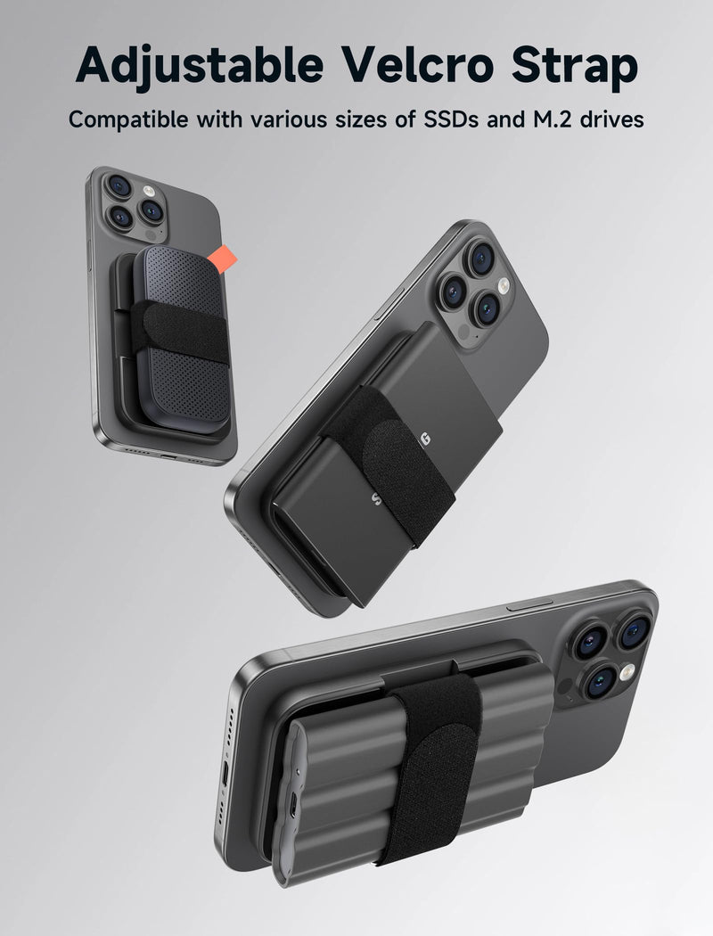 JSAUX Magnetic SSD Clip Designed for iPhone 15 Pro & Pro Max, Filming Accessories for Recording ProRes to SSD & M.2, with Adjustable Velcro Strap and Powerful Magnet to Hold External Storage-Basic Black-Basic
