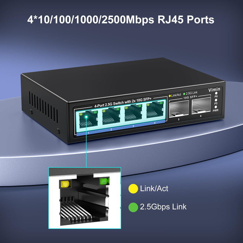 6 Port 2.5G Unmanaged Network Switch, VIMIN 4X 2.5Gbase-T Ports, 2X 10G SFP+ Port, 60Gbps Switching Capacity, IEEE802.3, Metal Housing, Fanless, Work for 2.5Gbps NAS, Wireless AP & PC 4 Port 2.5G Switch
