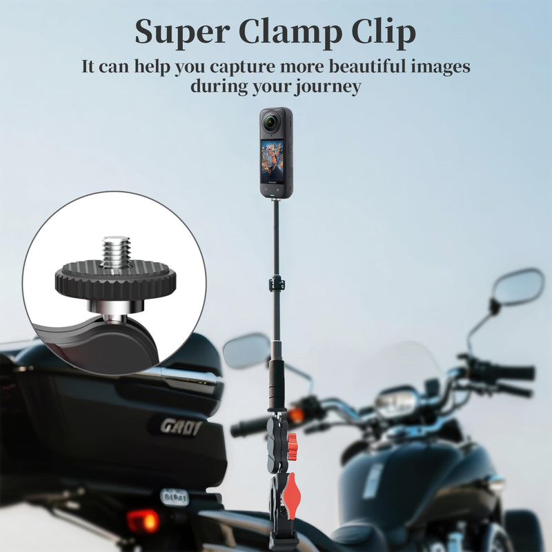 Clamp Camera Mount for DJI Osmo Action 6 5 4 360 Nano for Insta360 X5 X4 Air Go Ultra for Gopro Hero 13 12 11 MAX 2 Metal Fence Motorcycle Bike Mount Handlebar 1/4" Threads Accessories