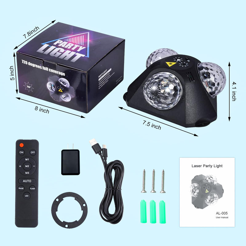 4 in-1 Disco Party Lights - RGB 3 Magic DJ Disco Ball, LED Sound Activated Laser Lights Projector with Remote for Home, Dance, Karaoke, Parties, Wedding, Birthday, Halloween, Christmas, Club Decor